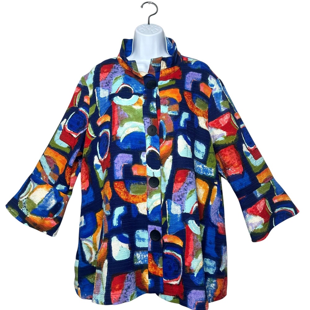 Ali Miles Abstract Print Jacket Top XL Multicolor Button 3/4 Bell Sleeve